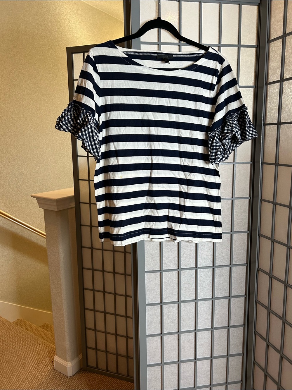 J. Crew Navy and White Striped Tee with Gingham Ruffle Sleeves
